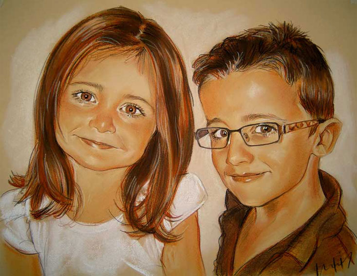 frère et sœur portrait pastels sepia