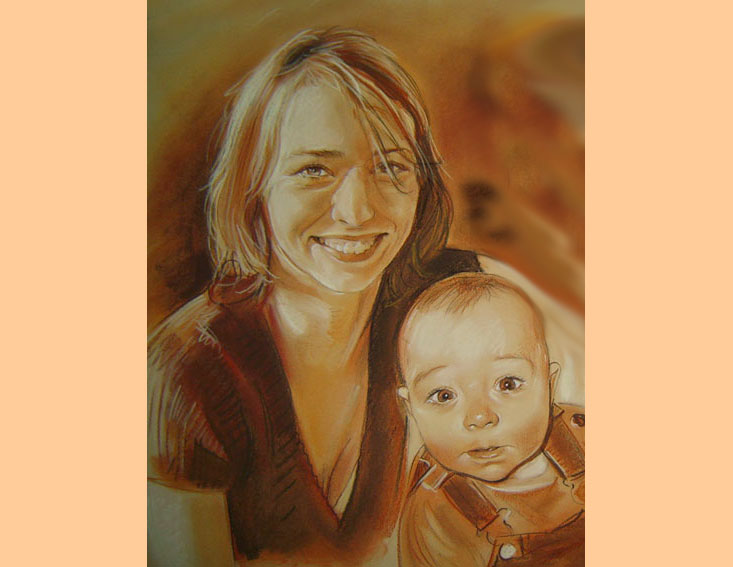 portrait d'une maman avec son fils aux pastels