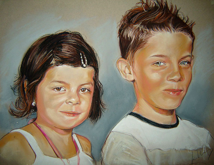 frère et sœur portrait aux pastels couleur 